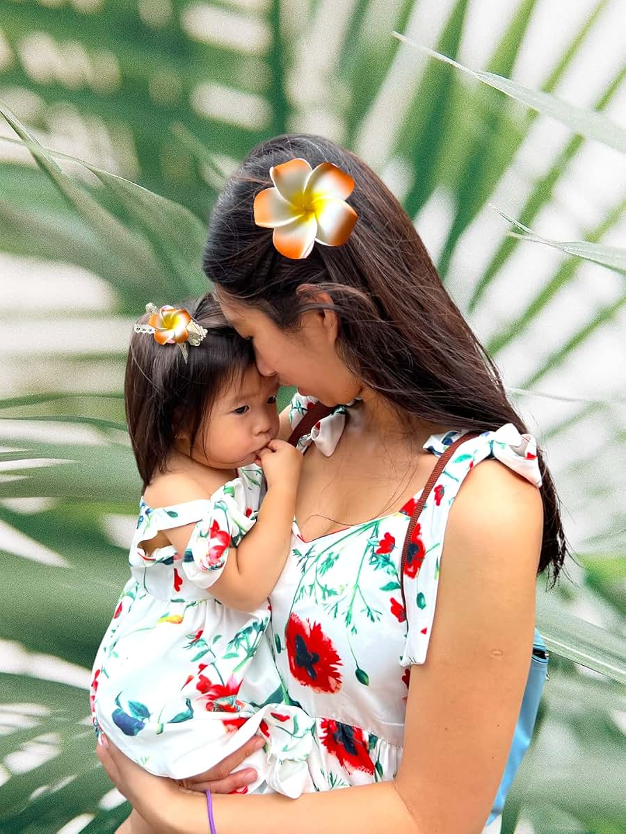 Mommy and Baby Plumeria Flower Matching Headband and Hair Clip Set