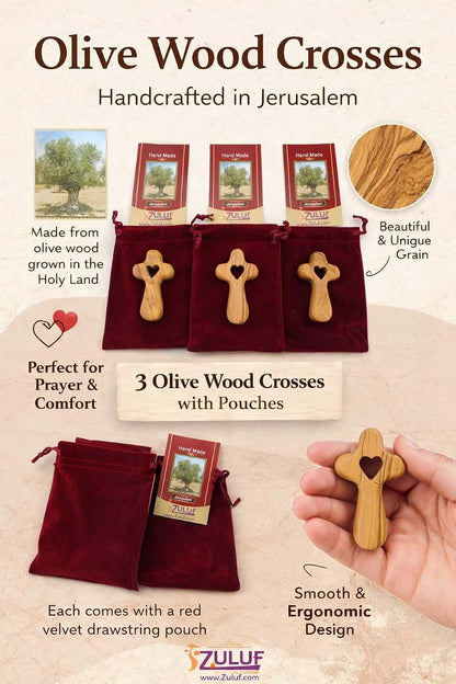Zuluf Olive Wood Comfort Prayer Holding Piece Set With Heart Cutout, Set Of 3