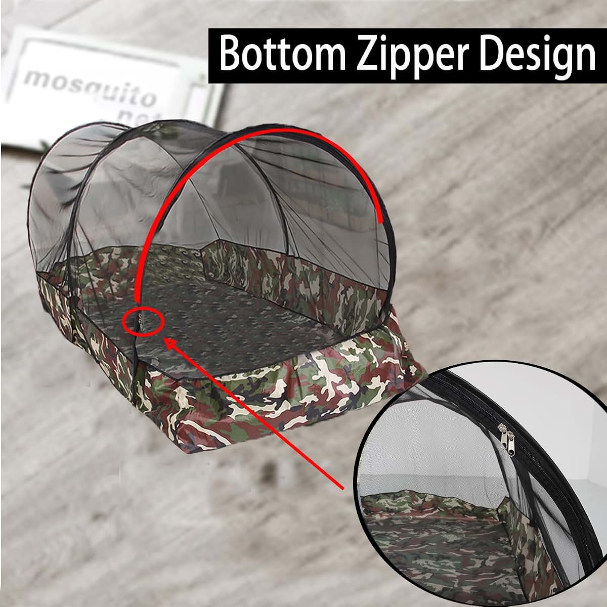 CMINGJ Portable Pop-Up Mosquito Net, Foldable Travel Bed Net with Bottom Zipper, Black & Camouflage