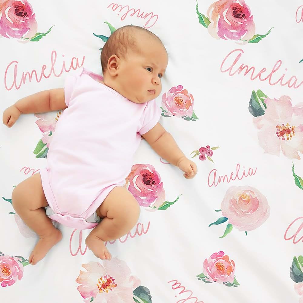 Lovable Gift Co Personalized Fleece Baby Girl Blanket, Coral Pink Floral (photo 2)