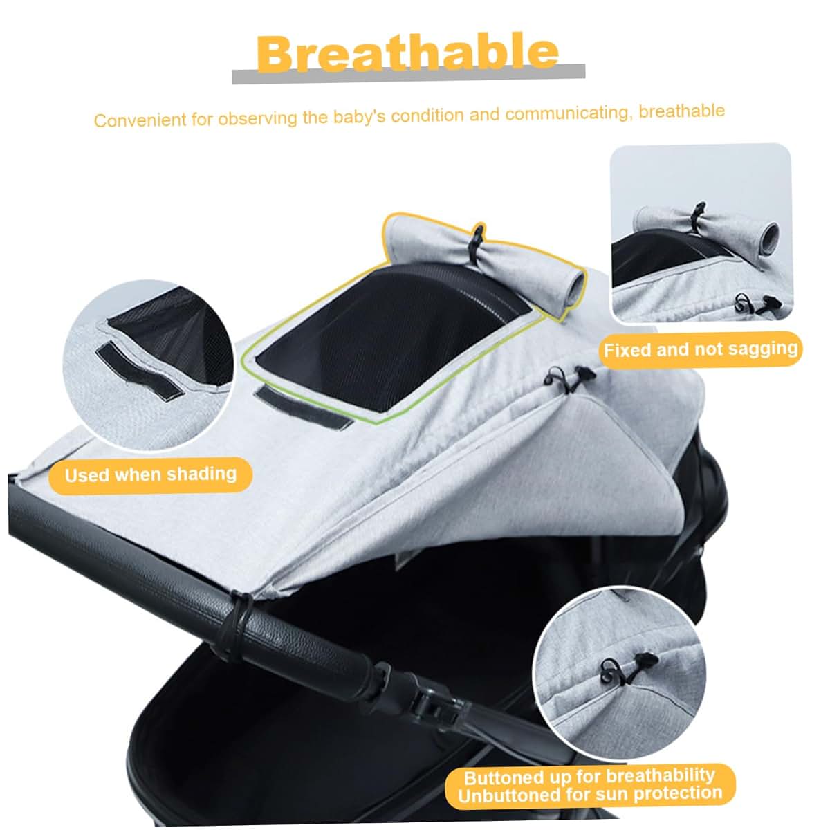 Yeory Pram Sun Shade with Viewing Window, Waterproof Stroller Canopy, Grey