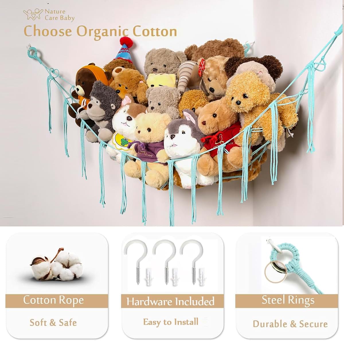 YKBU Stuffed Animals Hammock Corner Hanging Net for Plush Toy Storage (Light Blue, Large)