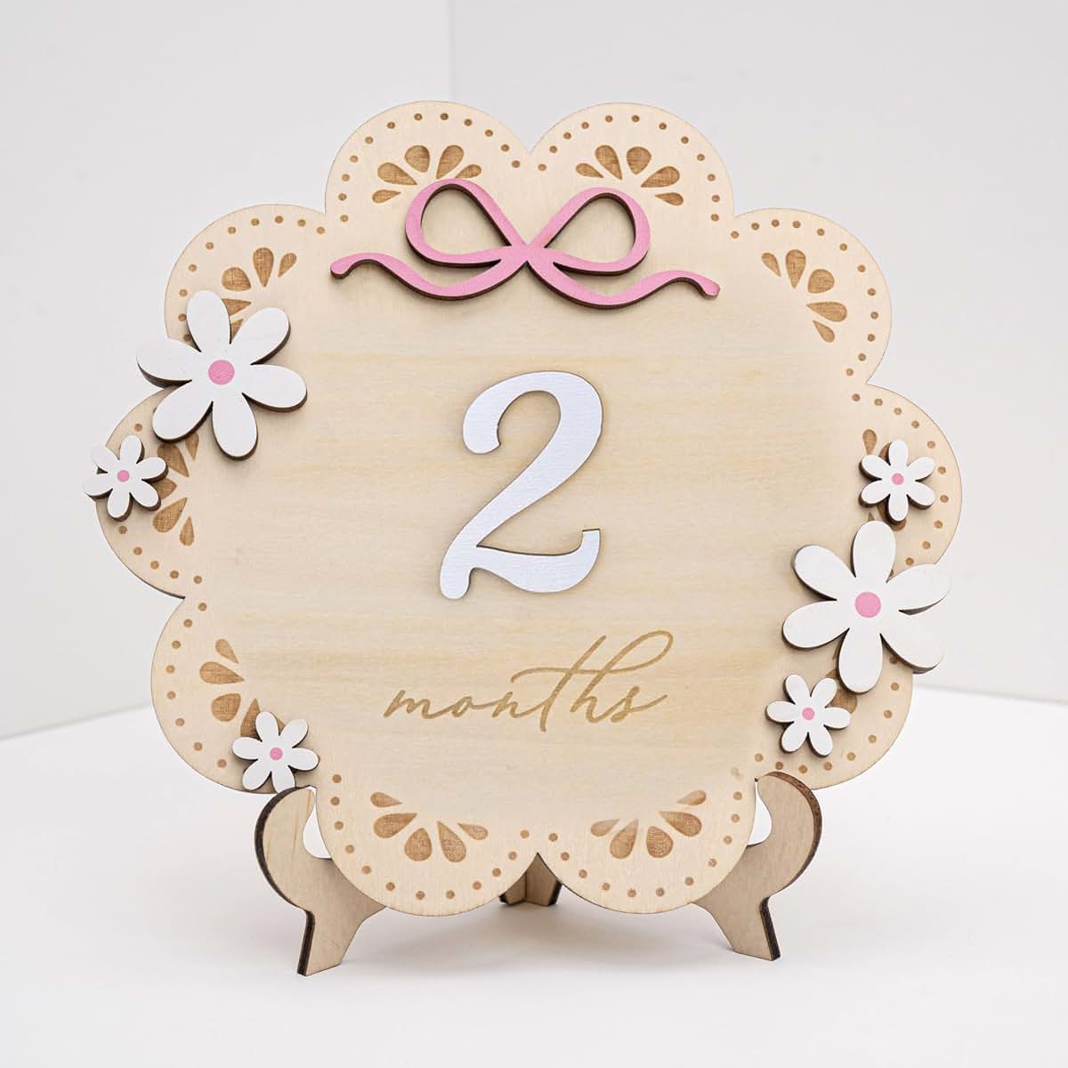 BabyOneStop Baby Monthly Milestone Photo Sign, Wooden Floral with Pink Bows, 1-12 Months Baby Girl Growth Tracker