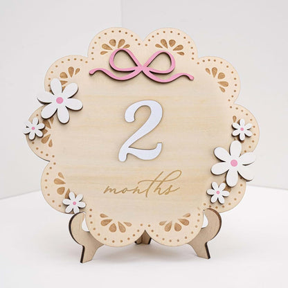 BabyOneStop Baby Monthly Milestone Photo Sign, Wooden Floral with Pink Bows, 1-12 Months Baby Girl Growth Tracker