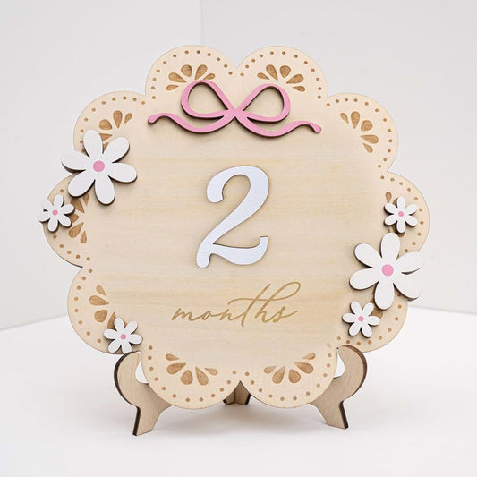 BabyOneStop Baby Monthly Milestone Photo Sign, Wooden Floral with Pink Bows, 1-12 Months Baby Girl Growth Tracker
