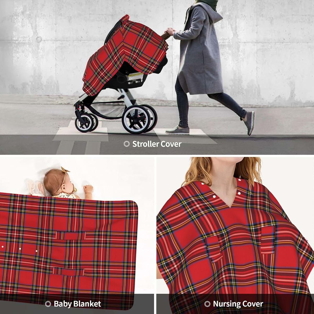 CAYKWVZ Red Black Buffalo Scottish Tartan Plaid Checkered Baby Car Seat Canopy Cover Multi Use Shower Gift, Nursing