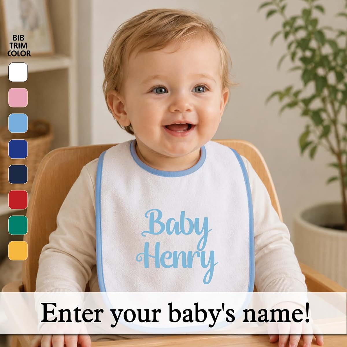 Smiling Jindo Personalized Baby Bib – White Bib (Light Blue Trim) – Custom Text (1 to 3 Lines) – Soft Cotton Terry (photo 2)