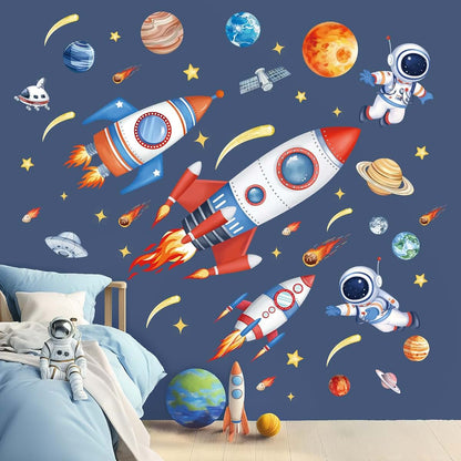 wondever Outer Space Rockets Wall Decals Planets Astronaut Wall Stickers