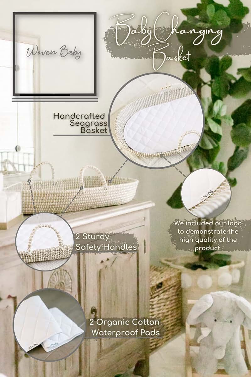 Woven Baby Baby Changing Basket - Handmade Moses Basket Changing Basket for Baby Table Topper - 2 Organic Cotton (photo 3)