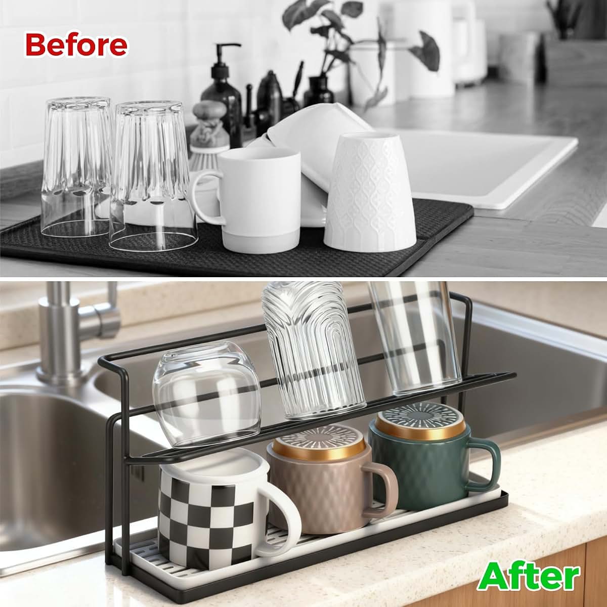 Joyoolife 2 Tier Water Bottle Drying Rack with Drain Tray, Black Metal Countertop Organizer