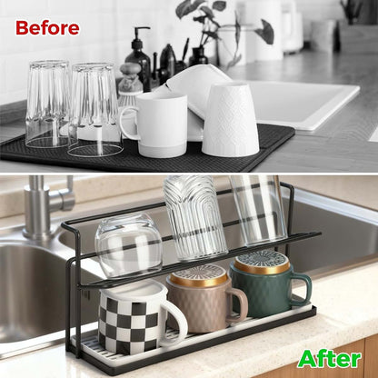 Joyoolife 2 Tier Water Bottle Drying Rack with Drain Tray, Black Metal Countertop Organizer