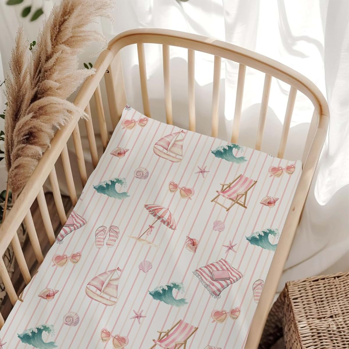 Wicbfdfv Cute Summer Beach Boats Stripe Pink Baby Crib Sheet for Boys & Girls 28"x52" Conch Shells Starfish Waves Baby