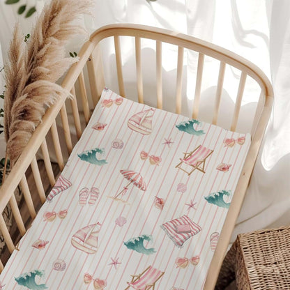 Wicbfdfv Cute Summer Beach Boats Stripe Pink Baby Crib Sheet for Boys & Girls 28"x52" Conch Shells Starfish Waves Baby