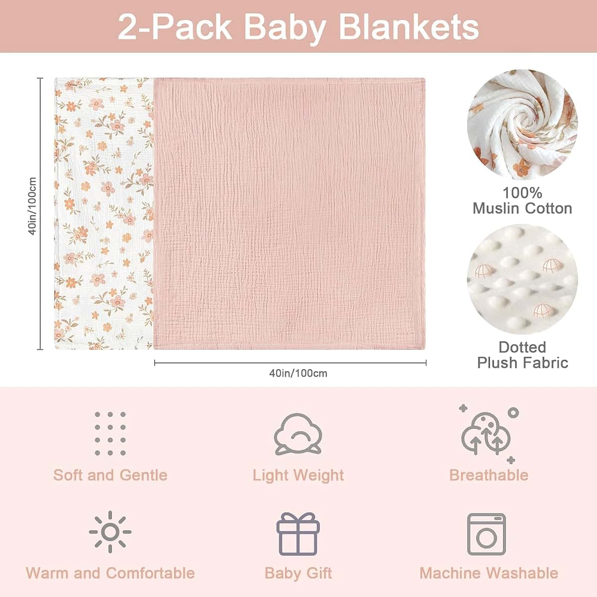 BabyOneStop 2 Pack Muslin Baby Blankets 40x40 In Cotton Floral Swaddle Receiving Blanket for Newborn Infant Toddler