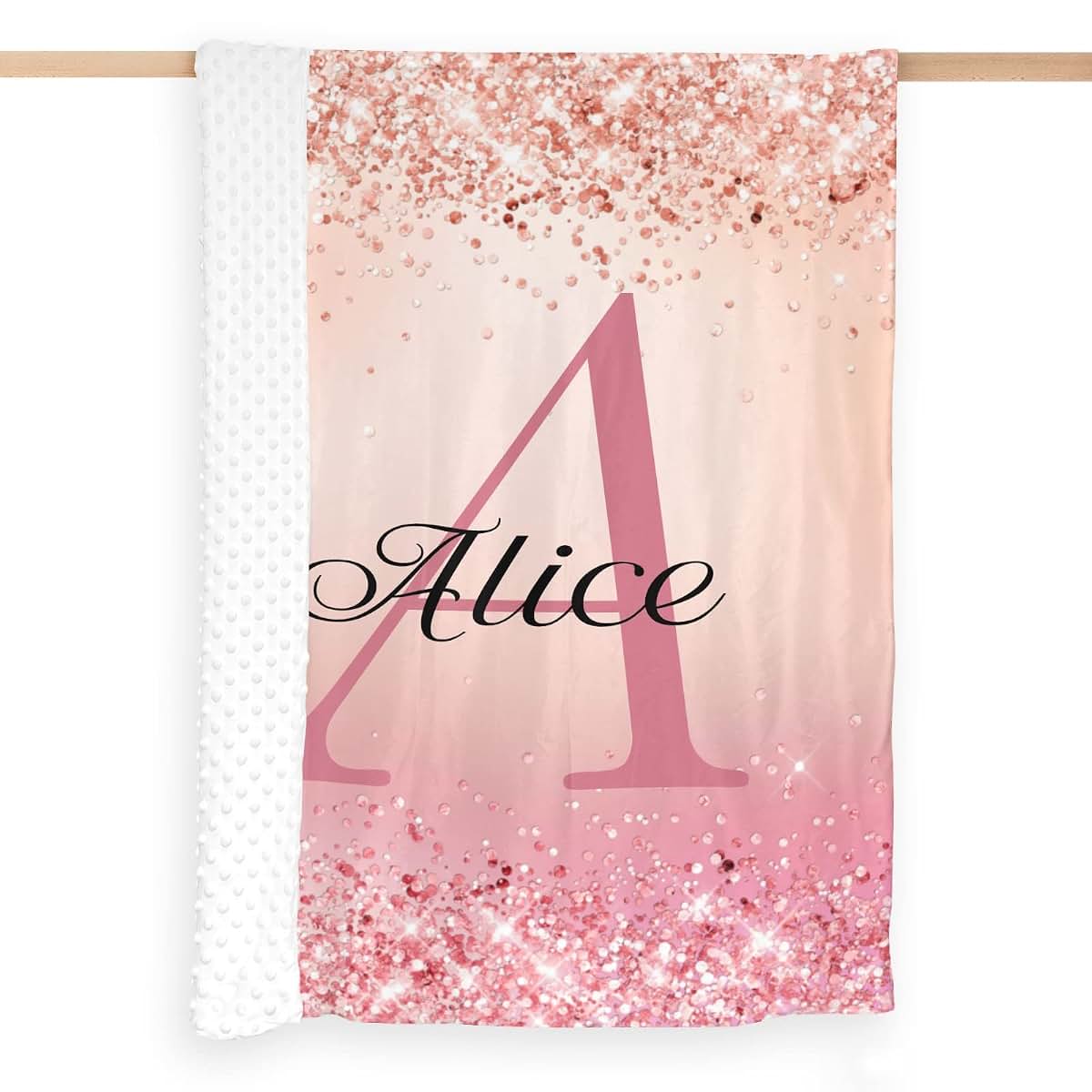 NZOOHY Monogram Pink Glitter Personalized Baby Blanket for Boys Girls,Custom Soft Minky Blanket Double Layer Dotted