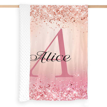 NZOOHY Monogram Pink Glitter Personalized Baby Blanket for Boys Girls,Custom Soft Minky Blanket Double Layer Dotted