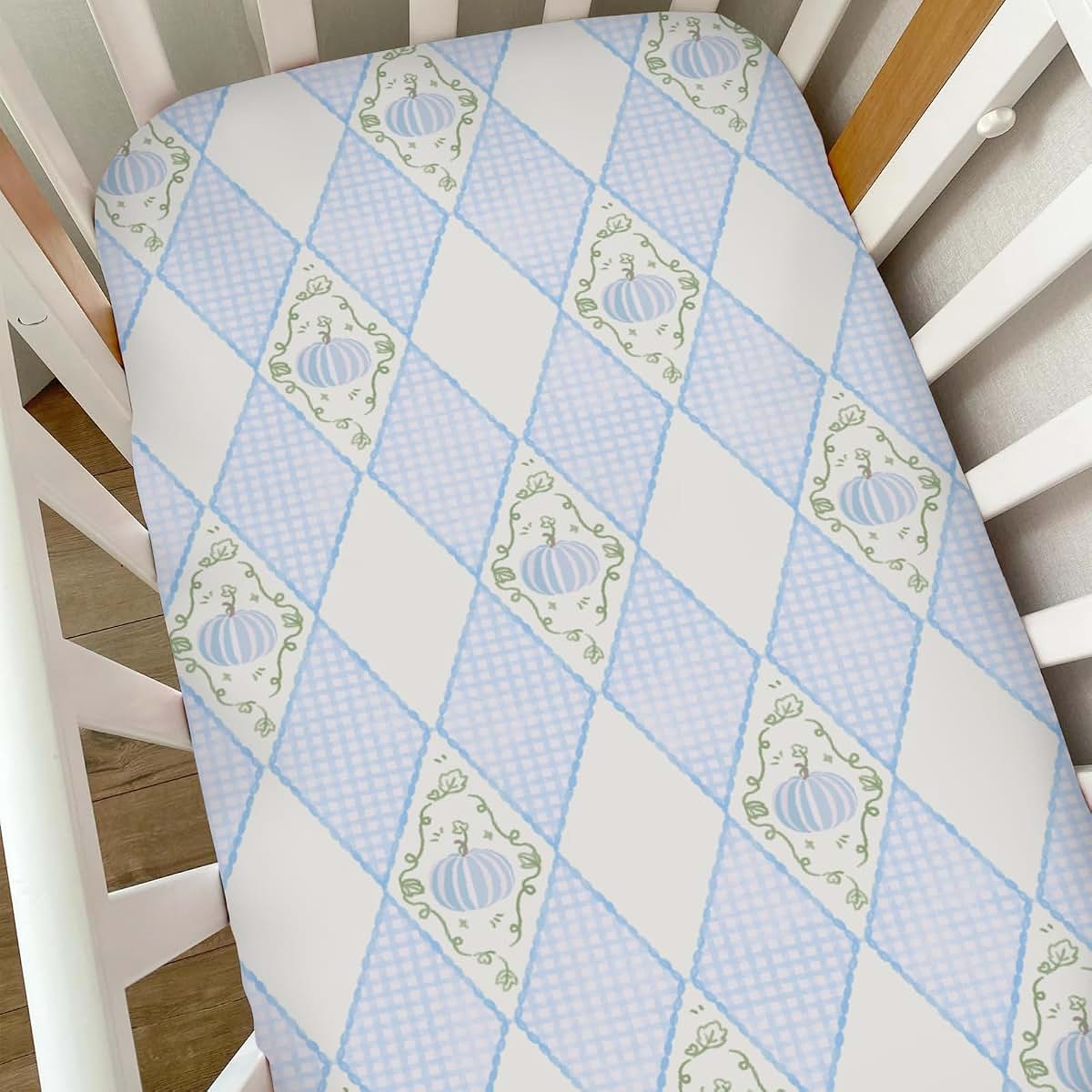 Selgkds Fall Blue Pumpkins Bows Gingham Baby Crib Sheets for Boy Girl Autumn Thanksgiving Harvest Soft Snug Fitted Crib