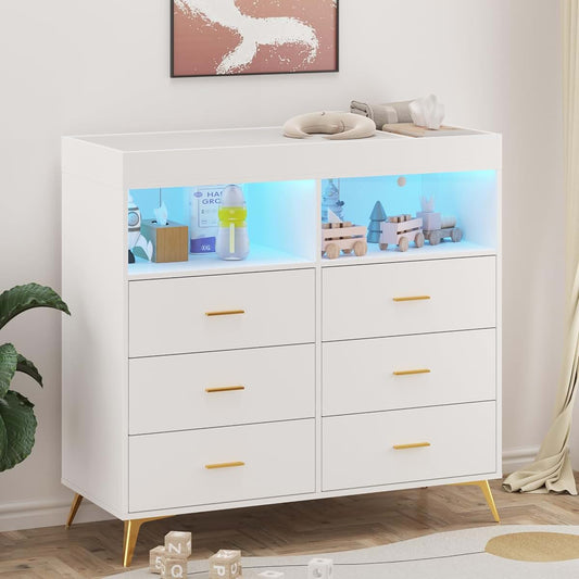 Babevy Baby Changing Table Dresser with LED Lights, Diaper Changing Station Dresser with Changing Table Top, Power