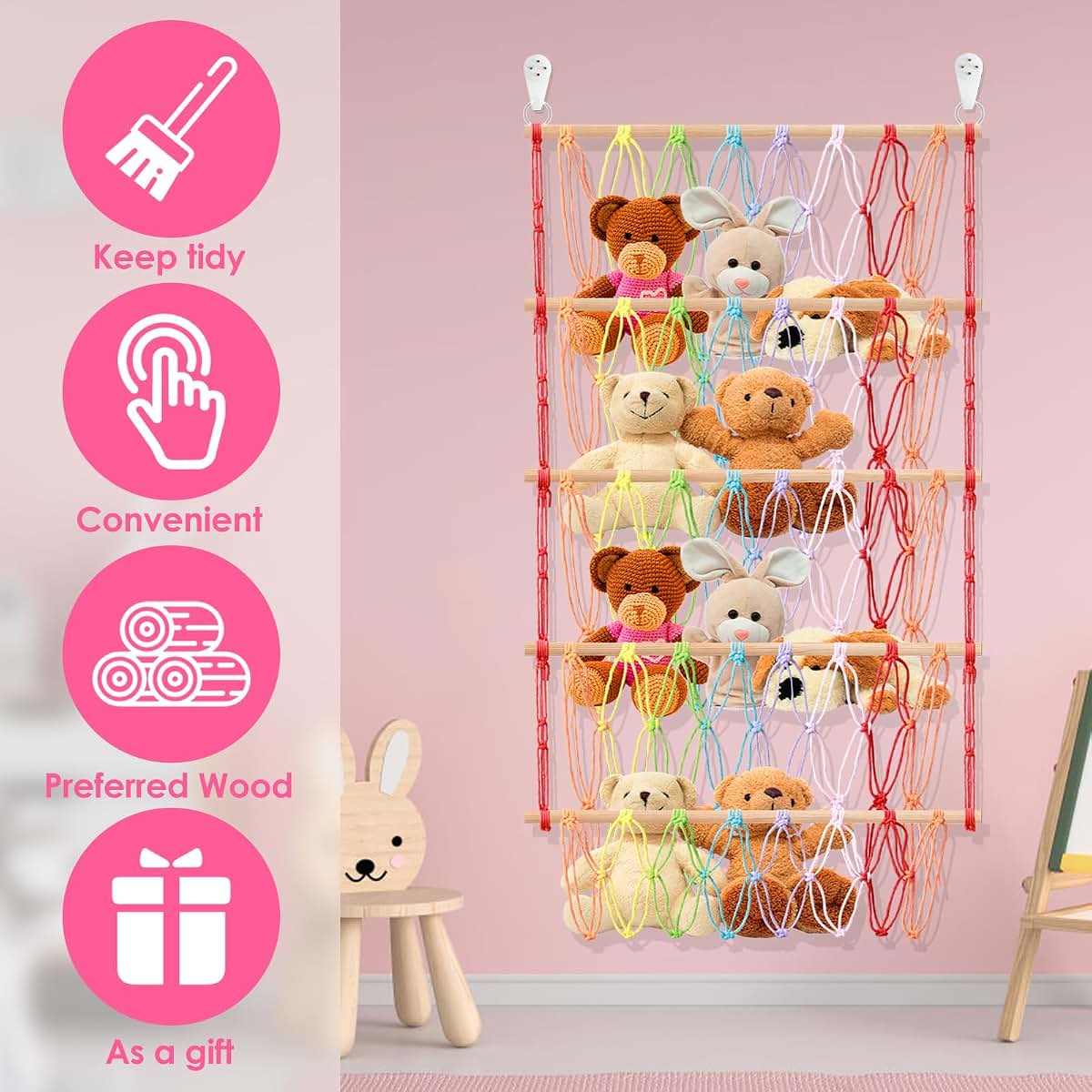 Stuffed Animal Storage Hammock Net, 52x105cm Cotton Rope Wall Hanging Organizer for Nursery