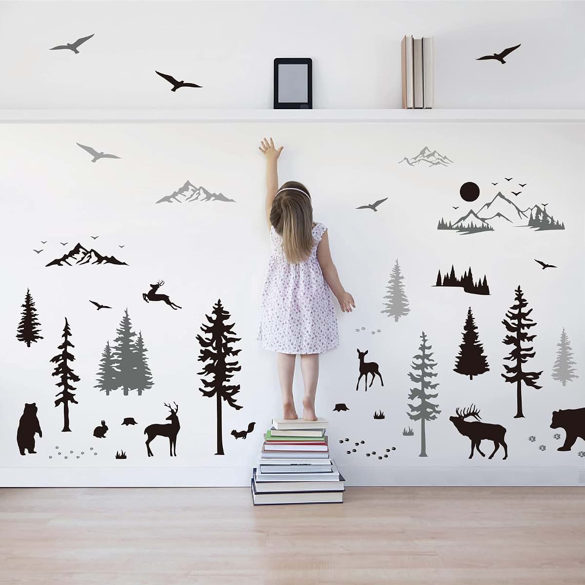 Superdant Forest Deer Wall Decals With Mountain Sun Theme For Nursery