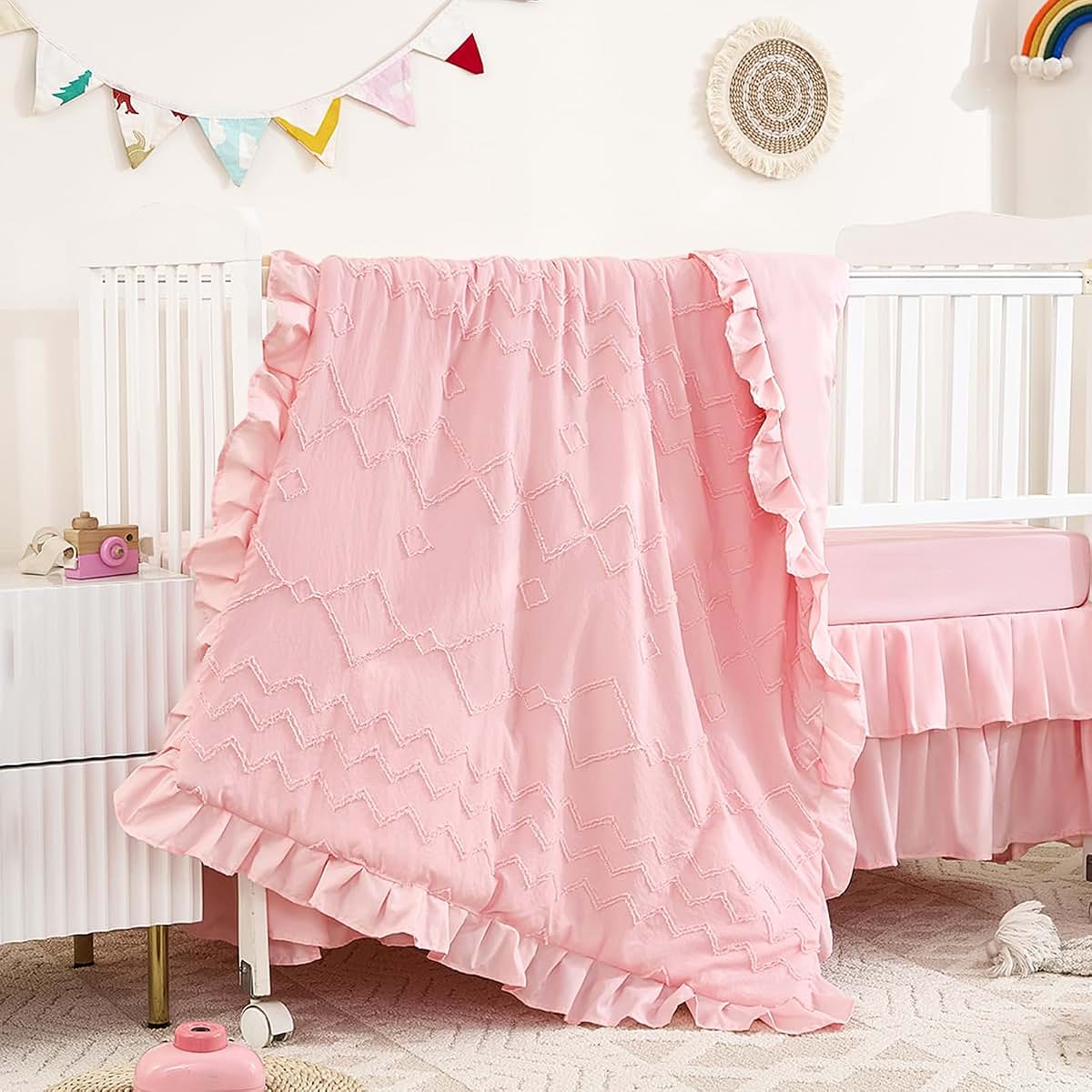 NacoMoco 3-Piece Tufted Ruffle Crib Bedding Set for Girls, Light Pink