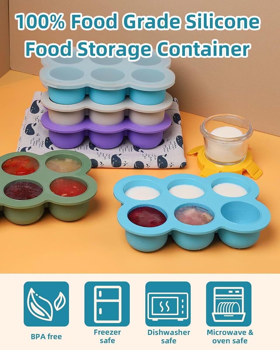 btrfe Silicone Baby Food Freezer Tray with Clip-On Lid, 6 x 3oz, Blue