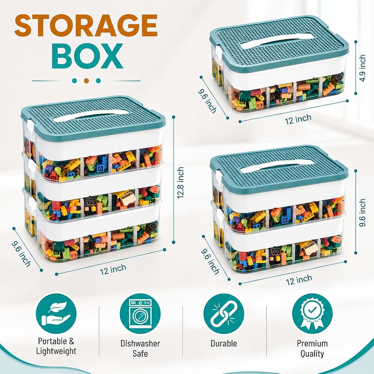 Ribexa 3-Tier Stackable Toy Storage with Building Block Lid & Bricks Organizer | Kids Toy Chest & Lego Organizer Bin (photo 2)