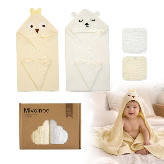 Mivoinoo Hooded Baby Towels, 4-Pack 100% Cotton Muslin Bath Set