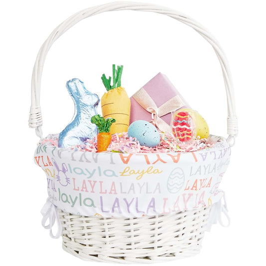 Personalization Universe Easter Repeating Name Personalized White Gift Basket with Drop-Down Handle – Custom White &