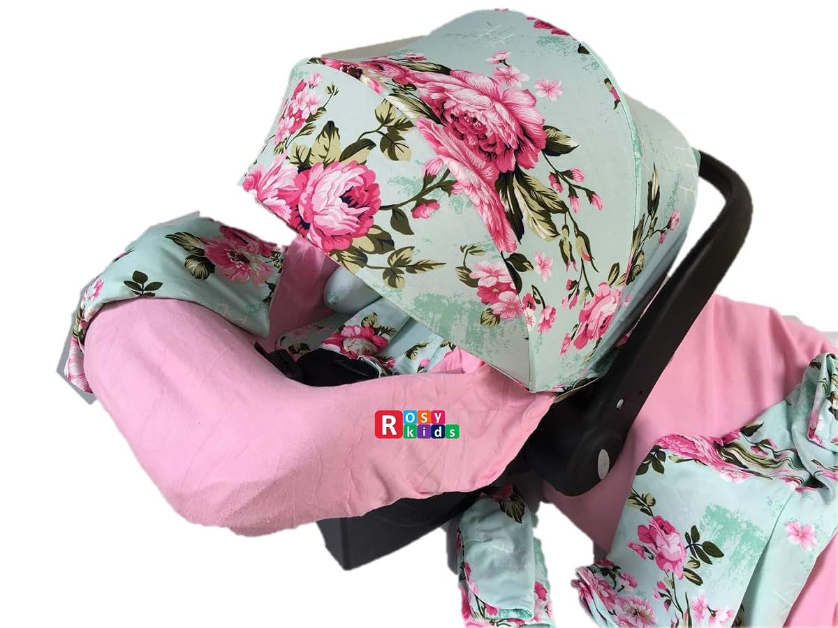 9-Piece Infant Car Seat Cover Set with Canopy, Blanket, Hat and Nursing Scarf - Pink Peony