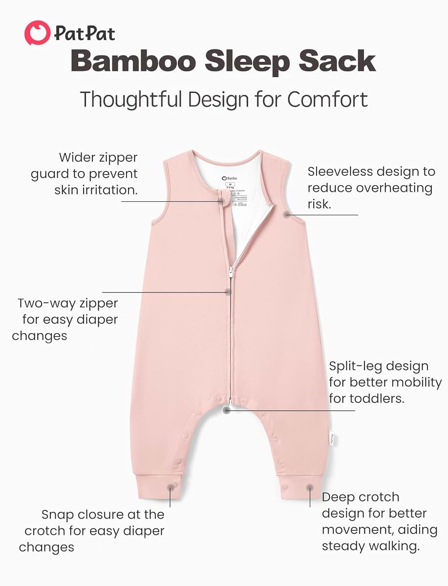 PATPAT Sleeveless Sleep Sack with Legs, 12-24 Months, Bamboo Viscose, 0.5 & 1.0 TOG, Blush Pink