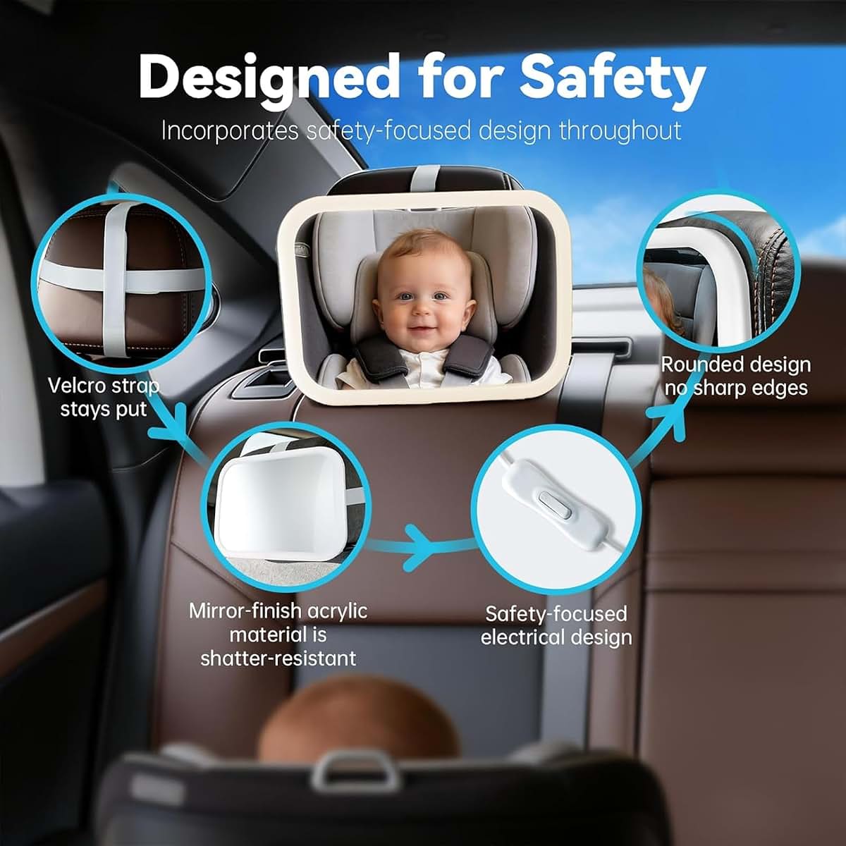 BeeChip Baby Car Mirror, Voice Control Light, Wide View