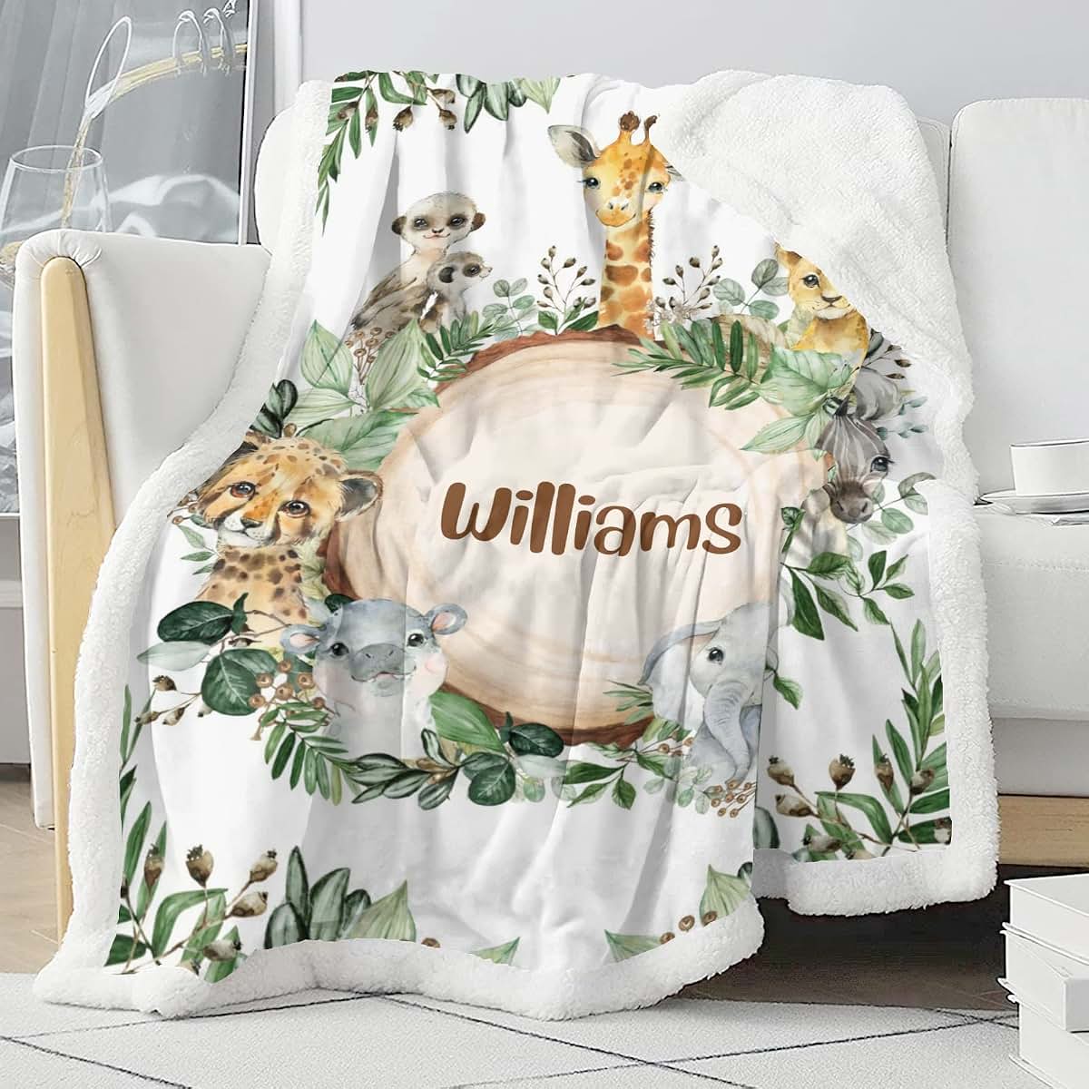 NZOOHY Wild Jungle Animals Personalized Sherpa Baby Blankets for Boys Girls,Soft Newborn Naps Custom Name Blanket for (photo 3)