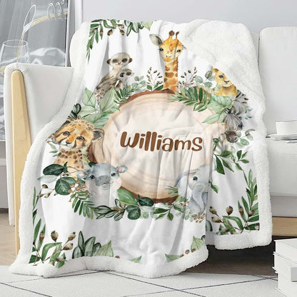 NZOOHY Wild Jungle Animals Personalized Sherpa Baby Blankets for Boys Girls,Soft Newborn Naps Custom Name Blanket for (photo 3)
