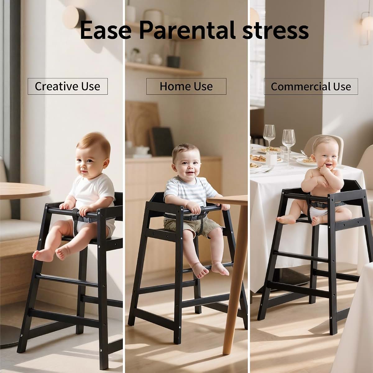 Neoflavie 4 Pack Wooden High Chairs for Baby & Toddlers, Black, Stackable Design