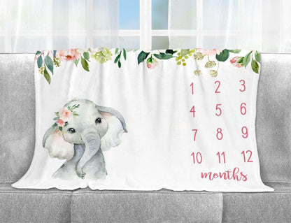 Popfavors Floral Elephant Baby Monthly Milestone Blanket, Soft Fleece Jungle Elephant Girl's Blanket, Newborn Infant