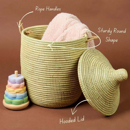 Senegalo Small Beige African Basket with Lid, Handwoven Wicker Storage, 12" Wide x 14" Tall