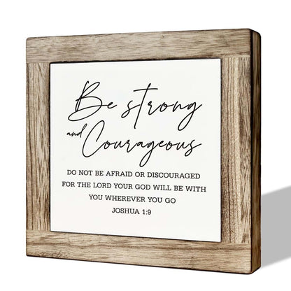 Gkwa Joshua 1:9 Bible Verse Sign, Pine Wood Tabletop Decoration, 5.9 x 5.9 Inches