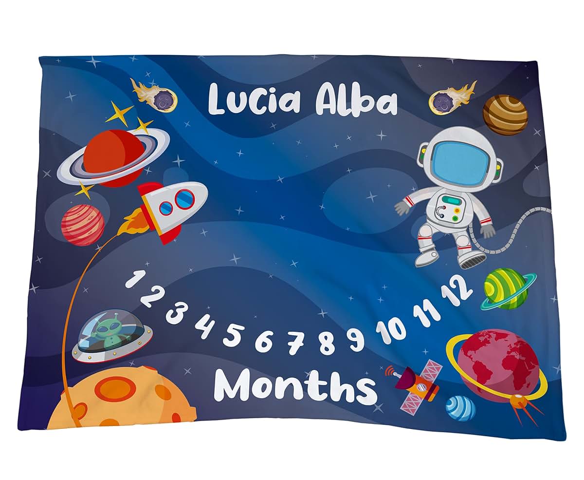 TEEAMORE Custom Baby Monthly Milestone Throw Blanket Space Elements Design (60X80)