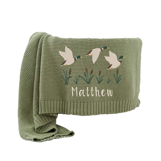 SWaddle AN Personalized Baby Knit Blanket, Custom Embroidered Baby Name, Mallard Duck Nursery, Unisex Gifts Idea
