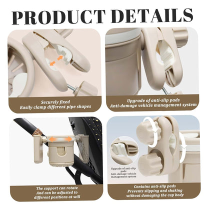 BabyOneStop 3-in-1 Stroller Cup Holder with Phone Mount, 360° Rotatable, Non-Slip Clamp