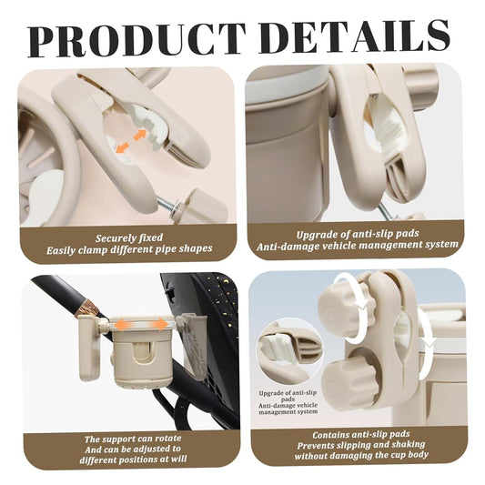 BabyOneStop 3-in-1 Stroller Cup Holder with Phone Mount, 360° Rotatable, Non-Slip Clamp