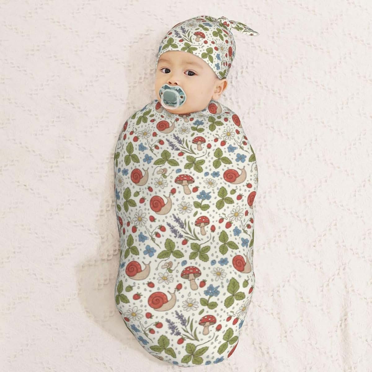 Muishi Swaddle Blanket and Hat Set for Newborns | Wild Strawberry Print
