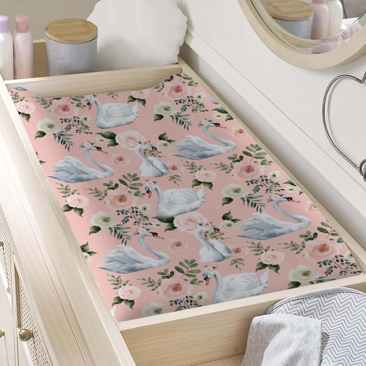 Watercolor Swan Boho Floral Changing Pad Cover
