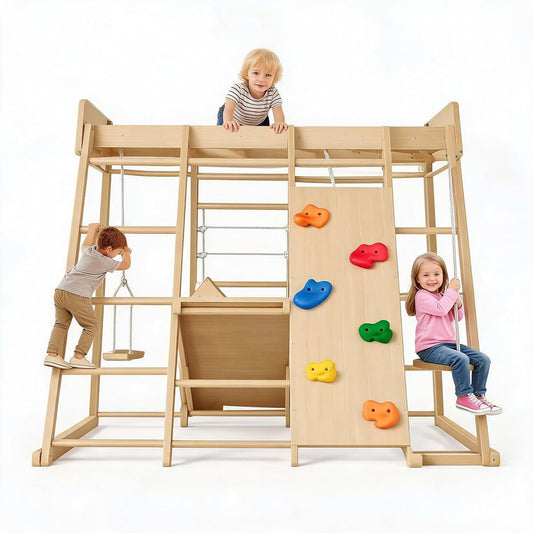 IDEALHOUSE 8-in-1 Wooden Jungle Gym, Indoor/Outdoor Toddler Playset with Slide Swing