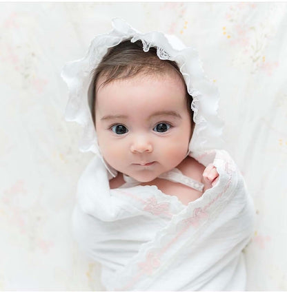 MEG ORIGINAL Baby Girl Blanket & Bonnet Gift Set- Heirloom Collection - White with Pink Bows, Handmade in The USA (photo 2)