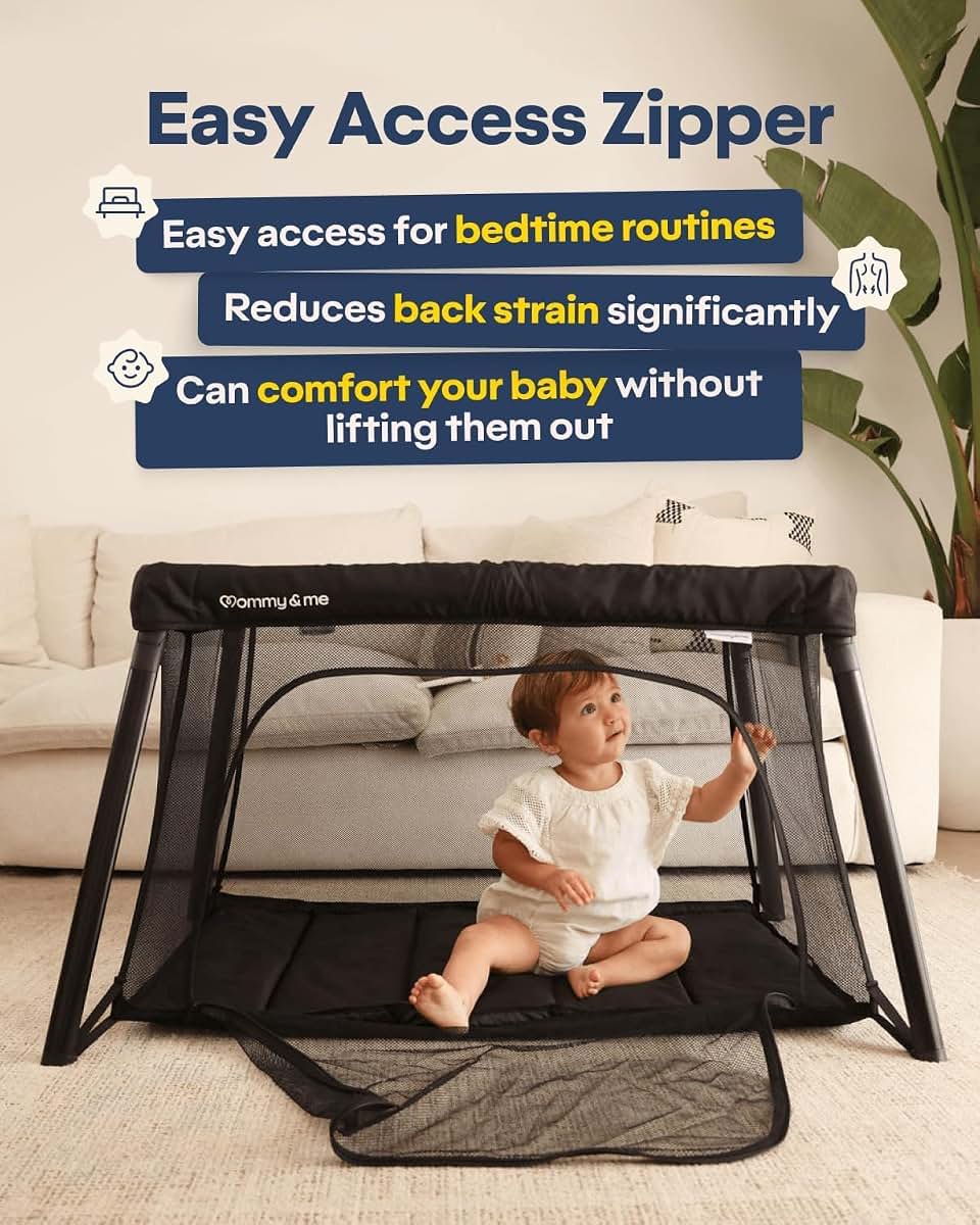 Mommy&Me Travel Crib for Baby and Toddler, Lightweight 14 lb Portable Playard, Mesh Sides, Black