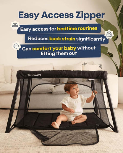 Mommy&Me Travel Crib for Baby and Toddler, Lightweight 14 lb Portable Playard, Mesh Sides, Black