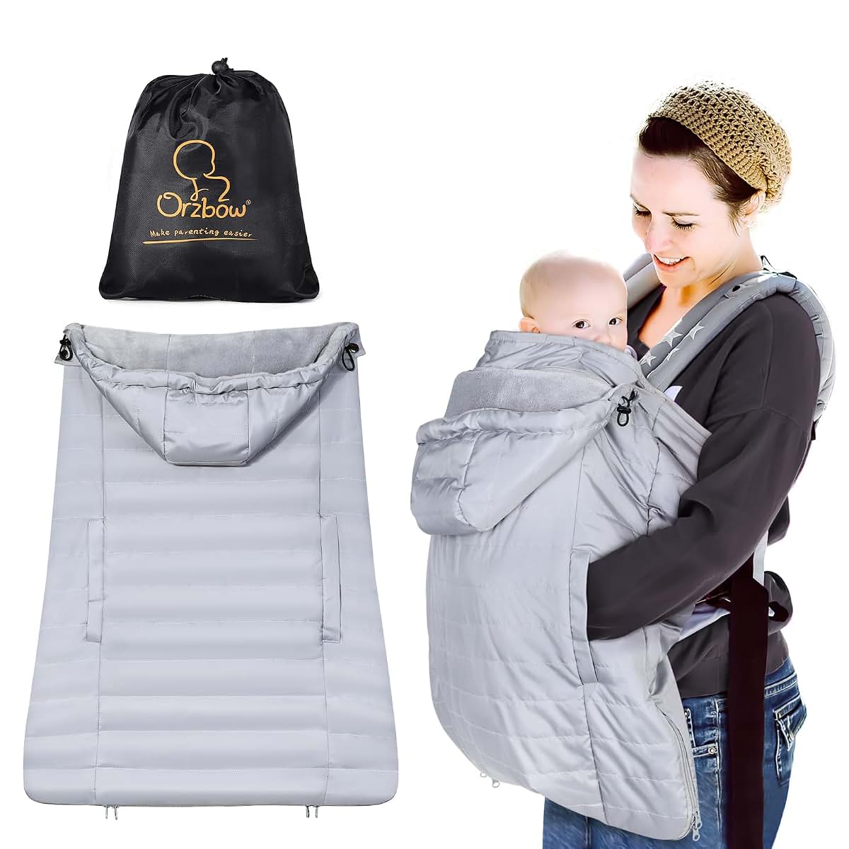 Orzbow Winter Baby Carrier Cover with Detachable Hood, Light Gray