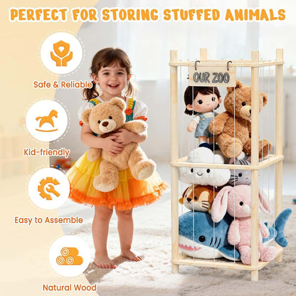 Woodure Stuffed Animal Storage & Organizer, Wooden Zoo Toy Holder for Kids